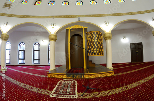 hall for praying minbar pulpit iwan of the Ar-Rahma Mosque Mercy Mosque. Kyiv, Ukraine photo
