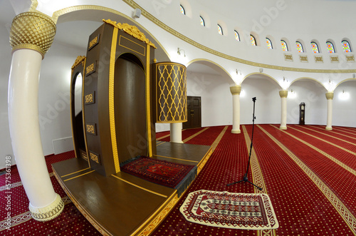 hall for praying minbar pulpit iwan of the Ar-Rahma Mosque Mercy Mosque. Kyiv, Ukraine photo