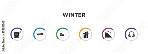 winter filled icons with infographic template. glyph icons such as heater, bobsled, sledge, winter cabin, avalanche, earmuffs vector.