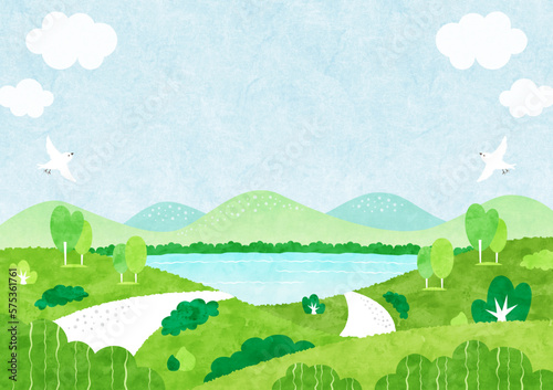 Leinwand Poster 海の見える山道の風景 自然あふれる水彩背景イラスト