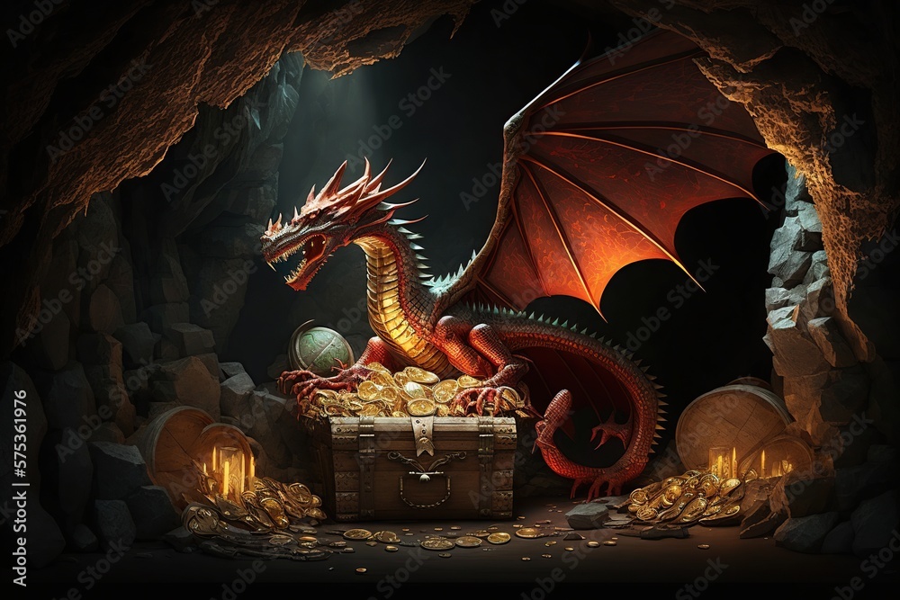 Cave with dragon and treasure, piles of gold coins, jewelry and gem. Ai cartoon illustration of