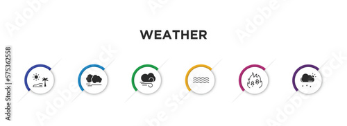 weather filled icons with infographic template. glyph icons such as subtropical climate, haze, gust, mist, wildfire, rainy day vector.