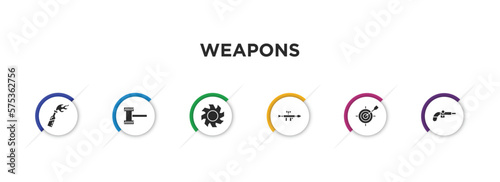 weapons filled icons with infographic template. glyph icons such as molotov cocktail, thor hammer, blade, bazooka, dart board game, musket vector.