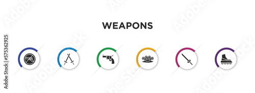 weapons filled icons with infographic template. glyph icons such as no shooting, battle, revolvers, brass knuckles, katana with handle, boarding vector.