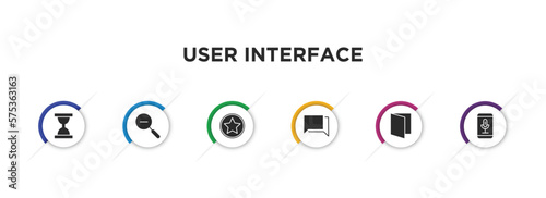 user interface filled icons with infographic template. glyph icons such as waiting, zoom out, favorites button, bubble speech, , voice recording vector.