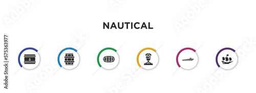 nautical filled icons with infographic template. glyph icons such as sea package, big barrel, rubber raft, sailor, roofless speed boat, pirate ship vector.