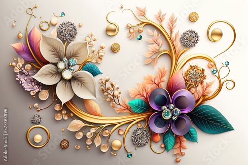 Realistic detailed flowers and leaves made of gold jewelry with precious gems on isolated white background, digital illustration for romantic wedding design.