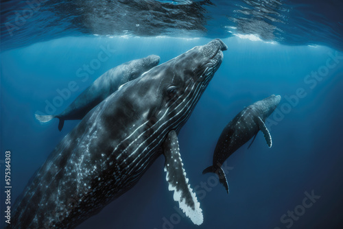 A family of humpback whales swimming in the ocean. Marine Wildlife in their Natural Habitat. © TungYueh
