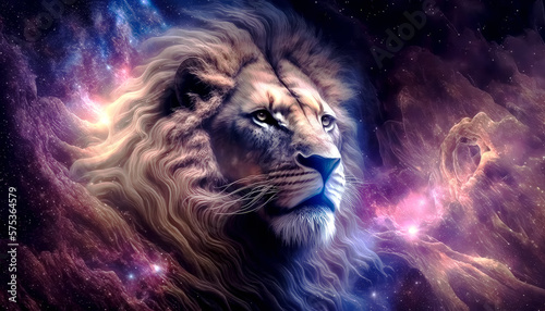 Generative AI illustration of a Creative Leo zodiac signs with colourfull space nebula