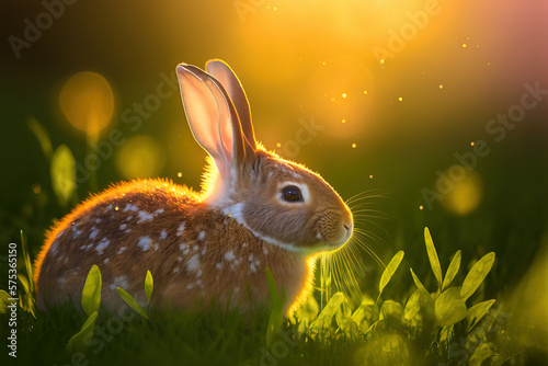 Easter bunny in grass. Cute Bunny In Sunny Garden. digital ai art