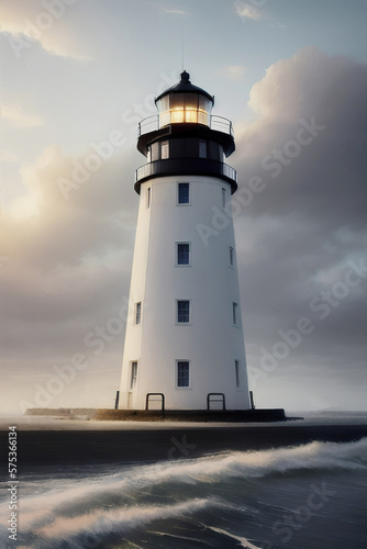 Vintage white lighthouse on the seashore surrounded by waves in cloudy weather © AlexArty