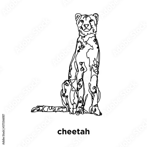 A sitting cheetah is drawn in black and white line art style