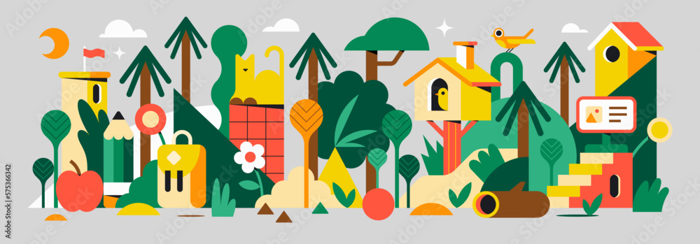 Trendy vector illustration for web. Colorful banner with plants, trees, houses and geometric forms. Flat design. Minimalist landscape artwork. Beautiful header with nature and architectural elements.