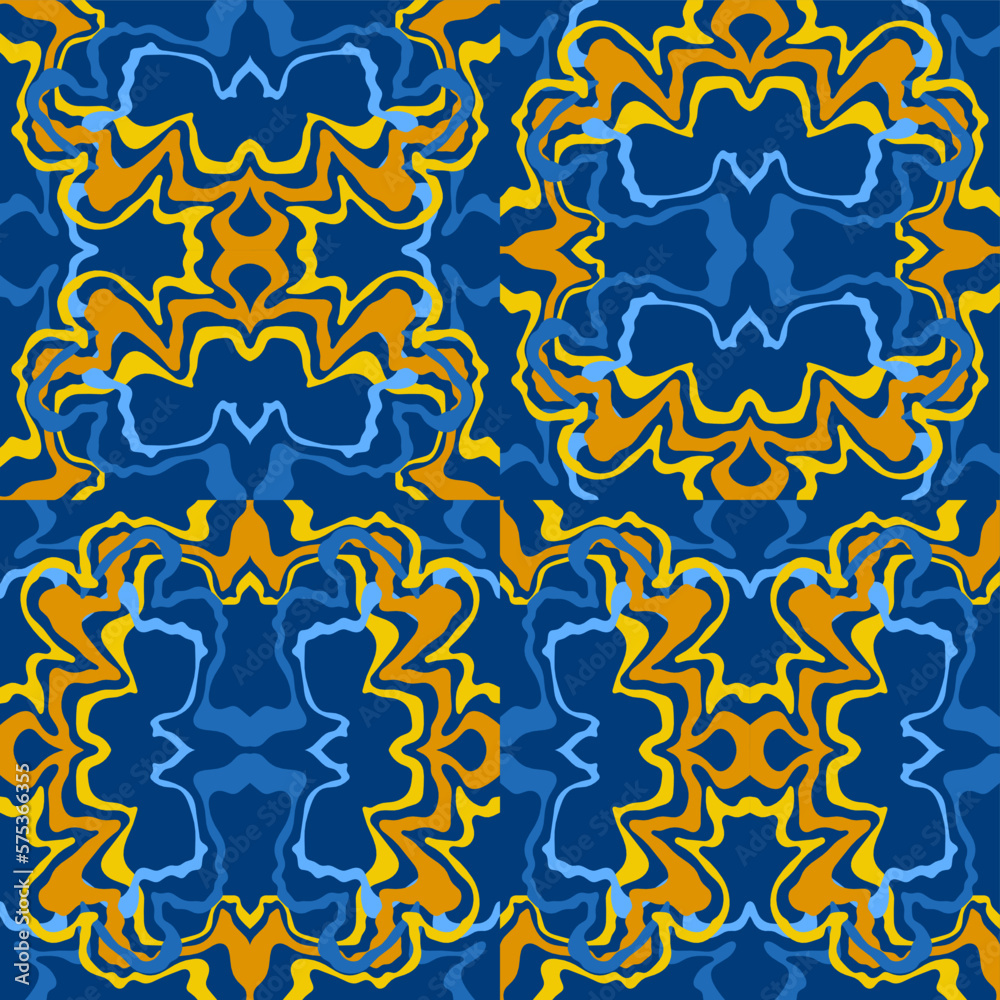 Abstract background of wavy embossed lines in blue and yellow tones. Intricate unusual kaleidoscope patterns. Openwork lace