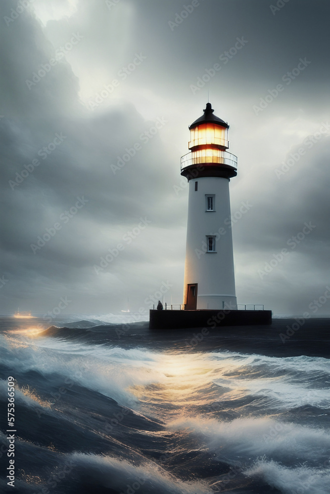 Vintage white lighthouse on the seashore surrounded by waves in cloudy weather