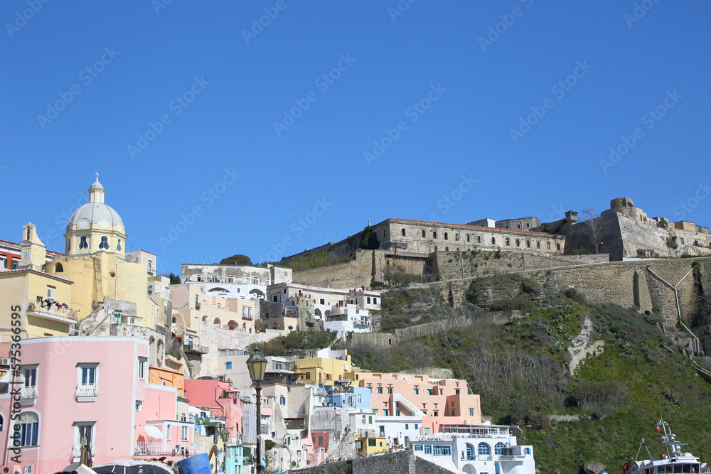 Procida village and castle of Napoli , Italy 