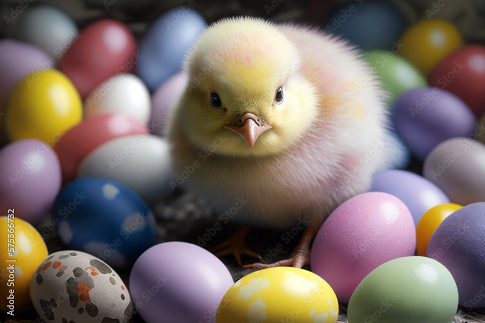 Easter baby chicken with easter colorful eggs, Generative AI