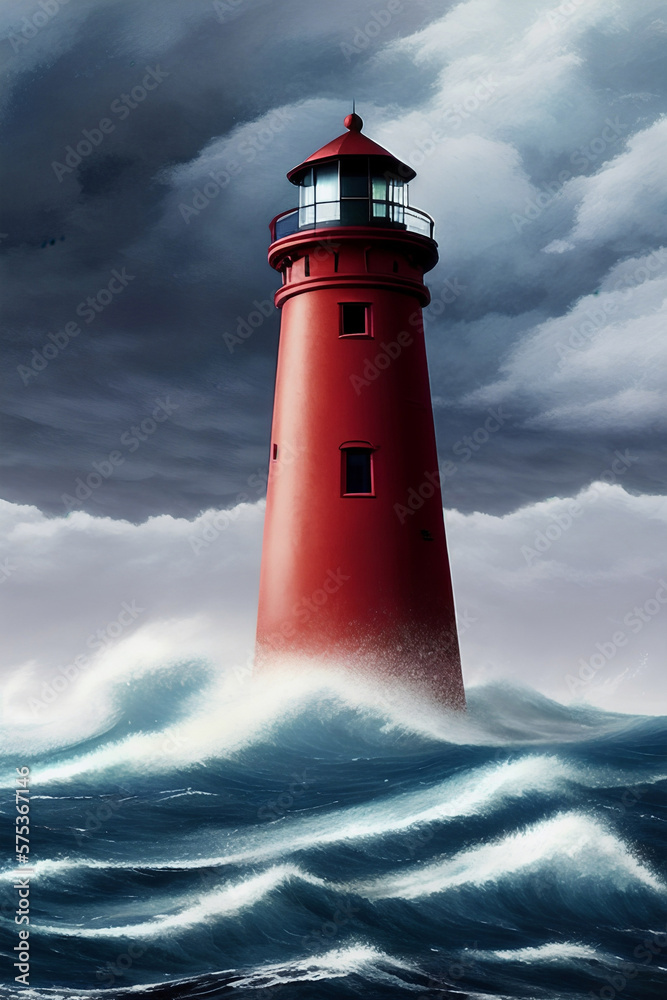 Vintage red lighthouse on the seashore surrounded by waves in cloudy weather