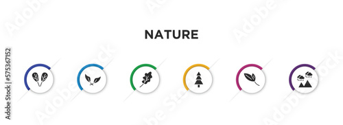 nature filled icons with infographic template. glyph icons such as plum leaf, falcate, oak leaf, spruce, lanceolate, rainy landscape vector.