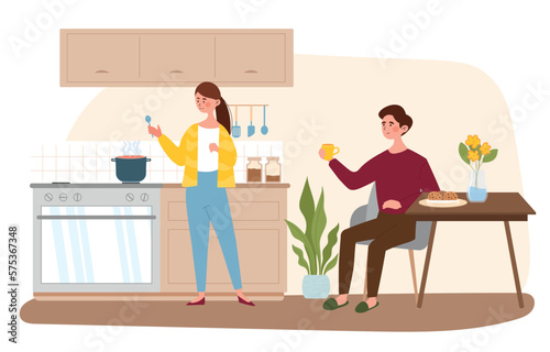 Cooking on kitchen with character. Woman standing by stove, next to pot of soup. Man sits at table with mug of coffee or tea and croissant. Family lunch or dinner. Cartoon flat vector illustration
