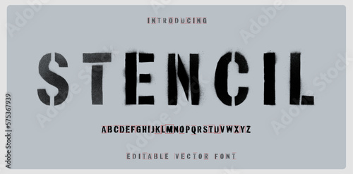 Editable stencil font with spray paint texture with mis-printed overspray. Highly detailed vector textures taken from high res scans. Compound path and optimised. Original design font