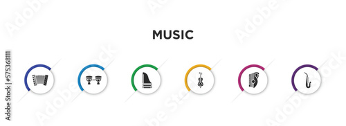 music filled icons with infographic template. glyph icons such as accordion, bongo, harpsichord, double bass, zither, blues vector.