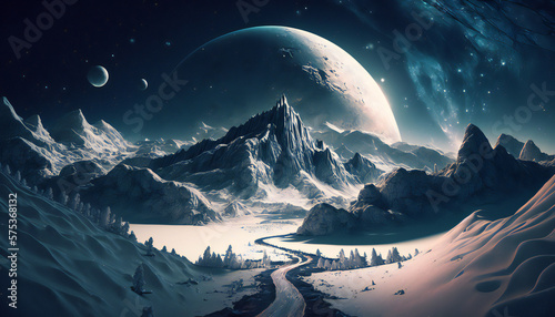 Snowy landscape with mountains, scenery of alien planet in deep space, generative AI