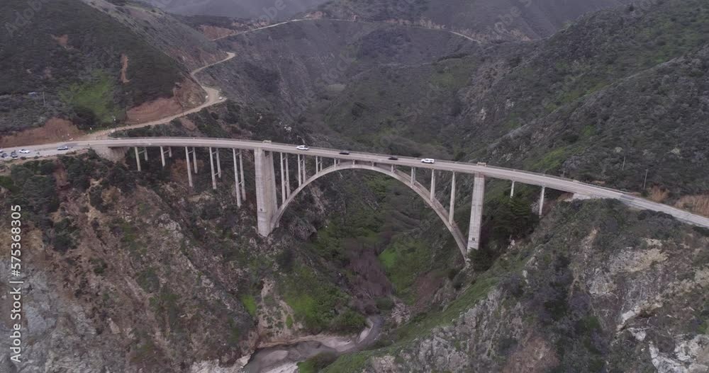 Bixby Creek Bridge also known as Bixby Canyon Bridge, on the Big Sur coast of California, is one of the most photographed bridges in California. Drone. USA Bixby Creek Bridge also known as Bixby Canyon Bridge, on the Big Sur coast of California, is one of the most photographed bridges in California. Drone. USA