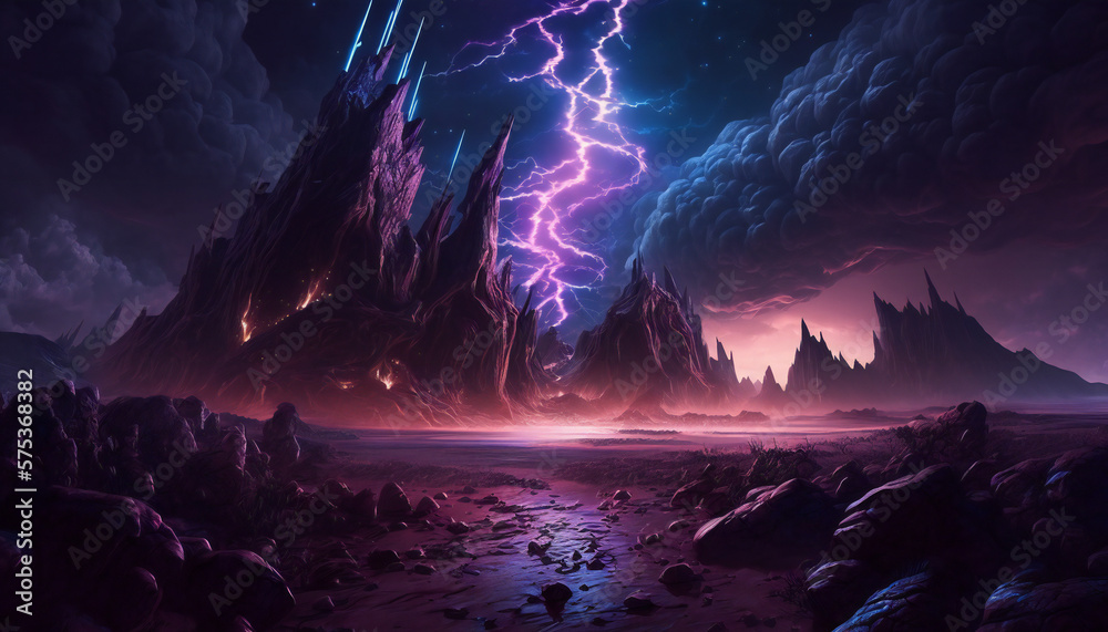 Thunderstorm on alien planet in storm, extraterrestrial landscape, generative AI