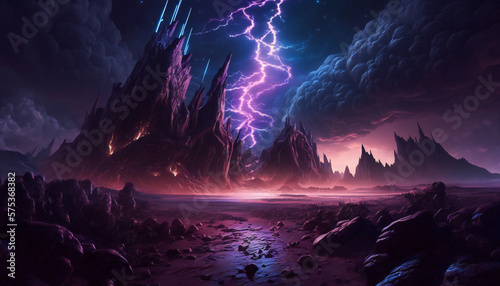 Thunderstorm on alien planet in storm, extraterrestrial landscape, generative AI © kilimanjaro 