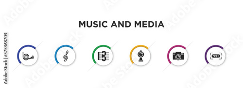 music and media filled icons with infographic template. glyph icons such as french horn, treble clef, alto clef, webcam video call, photo camera, rec vector.