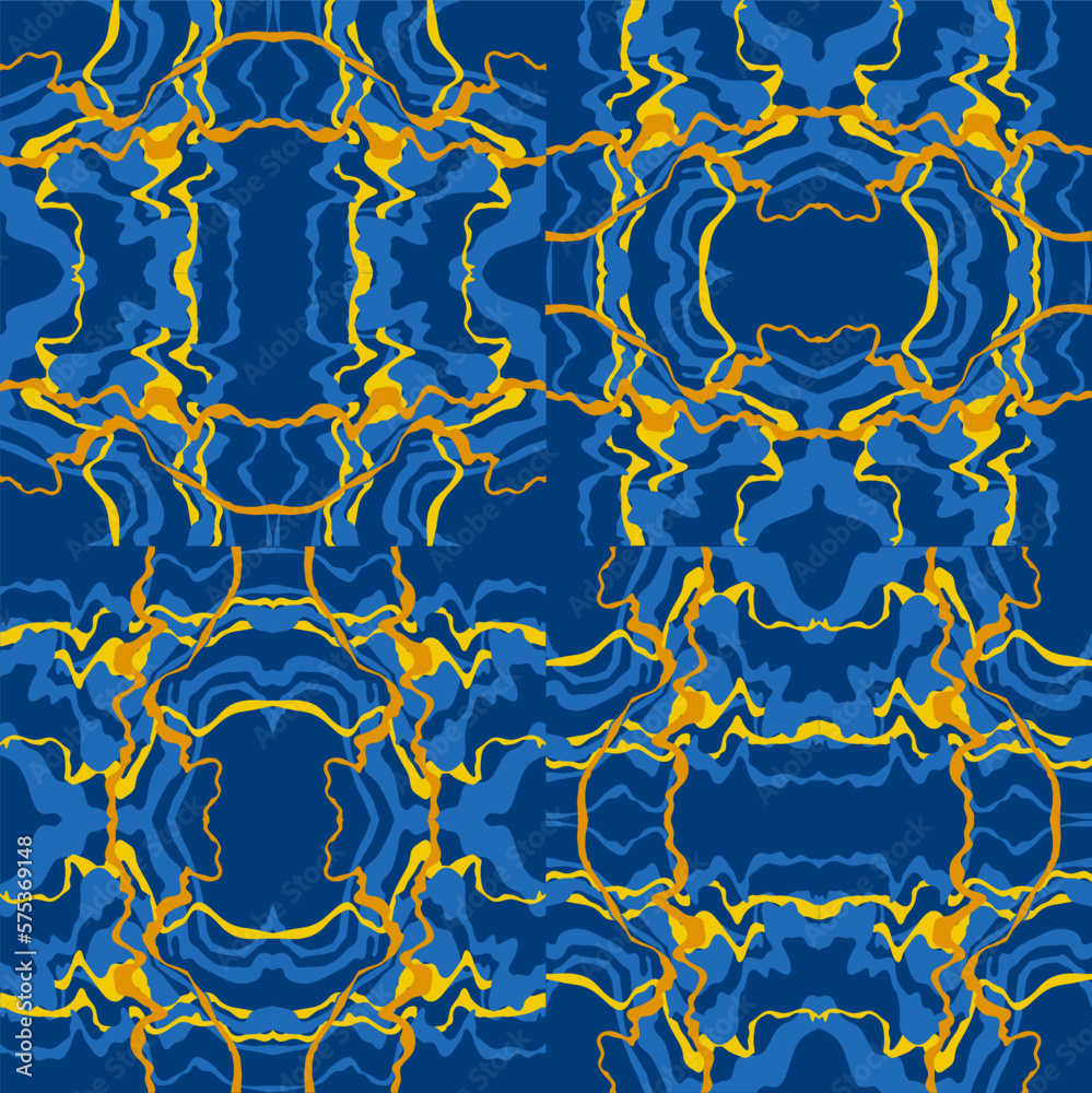 Abstract background of wavy embossed lines in blue and yellow tones. Intricate unusual kaleidoscope patterns. Openwork lace Abstract background of wavy embossed lines in blue and yellow tones. Intricate unusual kaleidoscope patterns. Openwork lace