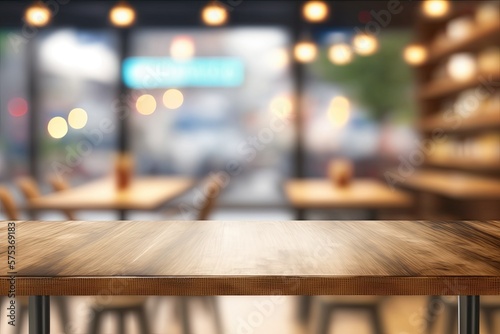 Blurred background of a cafe or restaurant features an empty wooden table. Generative AI
