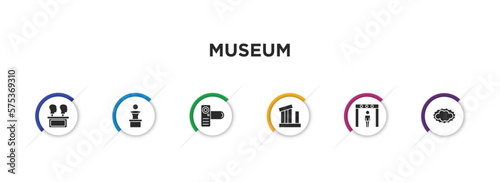museum filled icons with infographic template. glyph icons such as remains, sculpture, photographic, relics, metal detector, pop art vector.