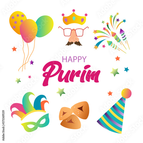 Purim Jewish holiday banner design with hamantaschen cookies, with masks and traditional props. Vector illustration. happy purim day