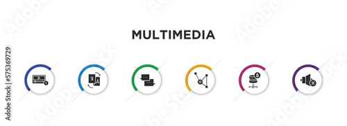 multimedia filled icons with infographic template. glyph icons such as paid, translate, chat speech bubbles, substance, bitcoin storage, speaker mute vector.