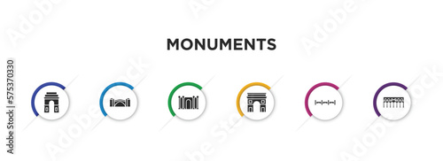monuments filled icons with infographic template. glyph icons such as medieval, stari most, barcelona, arc of triomphe, bridge of the west, segovia aqueduct vector.