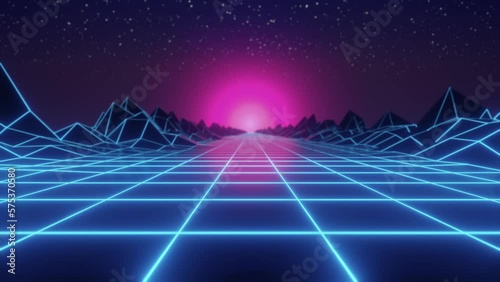 Synthwave animated Background. 80s wireframe Landscape. Retro Future Perspective Grid. Retrowave Style. Sci-fi Abstract Backdrop. 3d render. Seamless loop