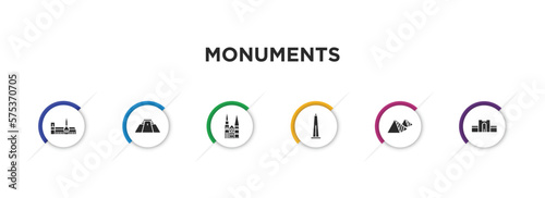 monuments filled icons with infographic template. glyph icons such as notre dame cathedral, pyramid of the magician, chartres cathedral, obelisk of bue aires, egyptian, medieval walls in avila