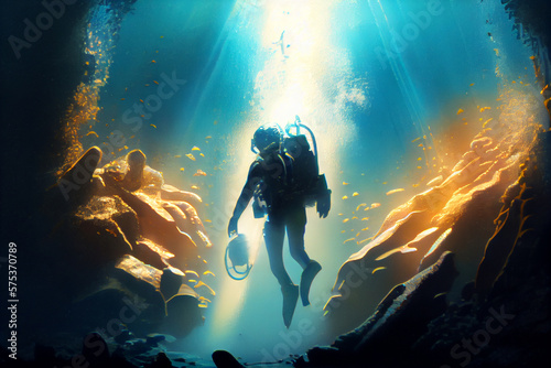 A scuba diver in the sun rises to the surface. AI generated © StockMediaProduction