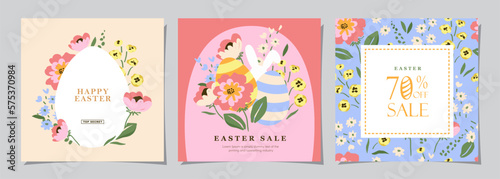 Happy Easter Set of Sale banners, social media, greeting cards, posters, holiday covers. Trendy design with typography, hand painted plants, dots, eggs and bunny, in pastel colors. banner background.