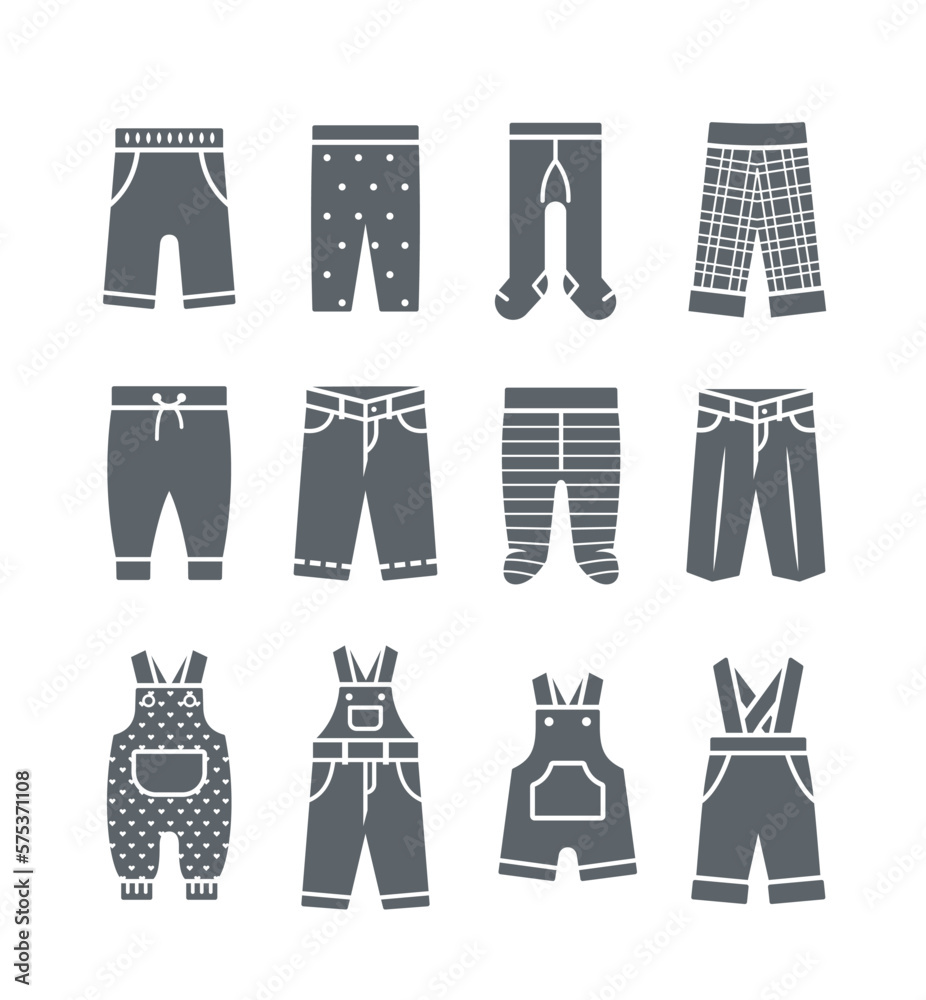 Baby clothes silhouette icons. Pants, jeans, sweatpants, overalls and  bodysuits. Children clothing simple solid pictograms. Kids wardrobe  garments. Outfit for newborn child, toddler, little boy, girl Stock Vector