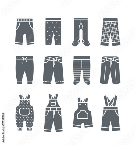 Baby clothes silhouette icons. Pants, jeans, sweatpants, overalls and bodysuits. Children clothing simple solid pictograms. Kids wardrobe garments. Outfit for newborn child, toddler, little boy, girl