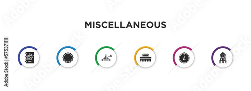 miscellaneous filled icons with infographic template. glyph icons such as scrapbook, beer cap, catapult, cleaning brush, compass pointing north, granary vector.