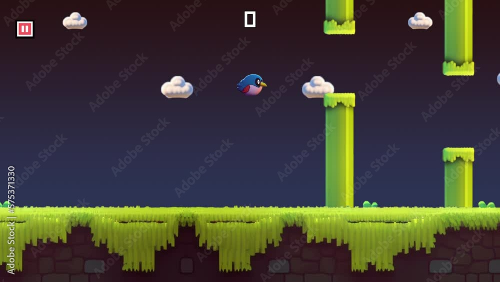 2D fake video game gameplay animation with flying bird theme. Bird game. Fake Game Design for Mobile and Pc. 4K Animation
