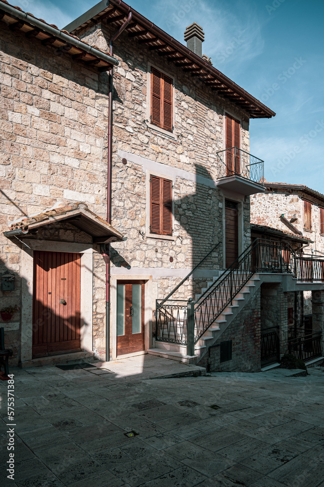 Italy, February 2023: view of the beautiful medieval village of Castel Trosino in the province of Ascoli Piceno in the Marche region. The town expresses a concept of peace but also of solitude