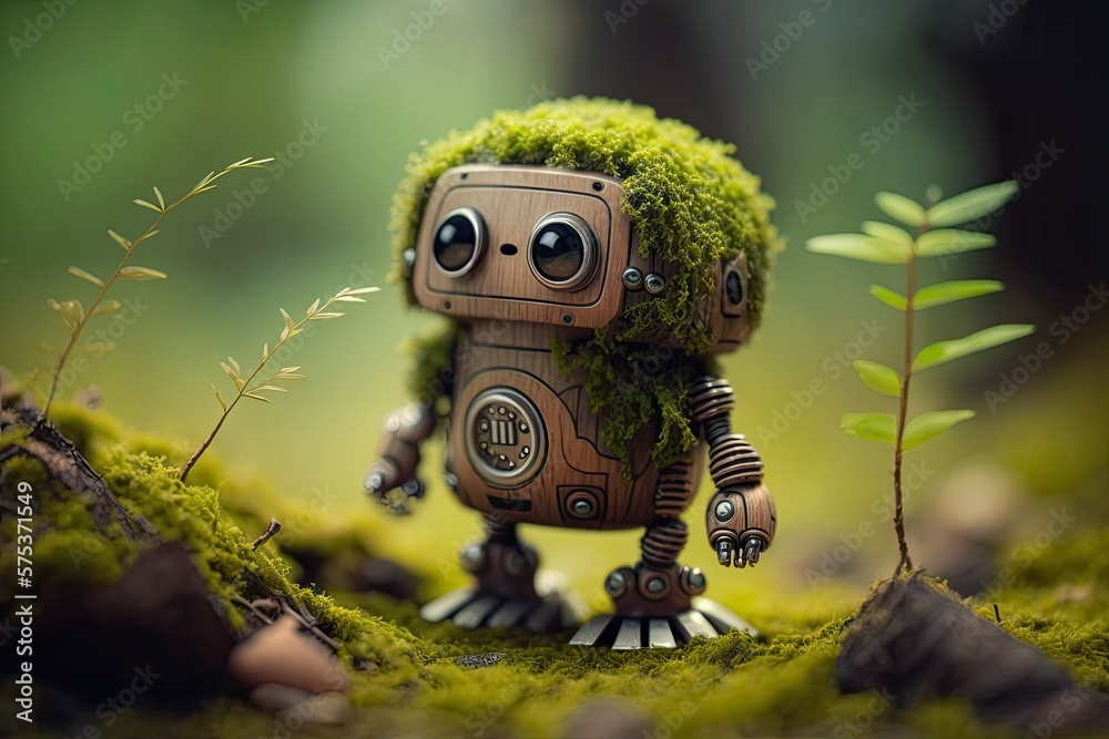 A cute tiny modern robot is strolling through the woods; its body is ...