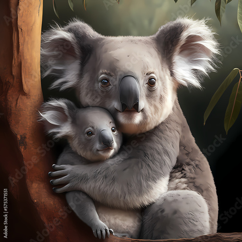 Koala and Baby Koala Eating at Tree Eucalyptus