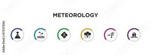 meteorology filled icons with infographic template. glyph icons such as erupting volcano, plant on drought, volcano warning, thunder storm, wind and bend trees, earthquake and home vector.