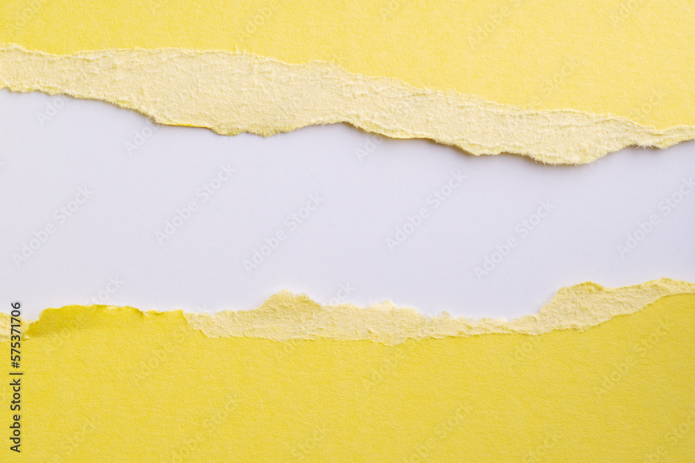 Yellow paper is torn over white background for message. Template for your text...